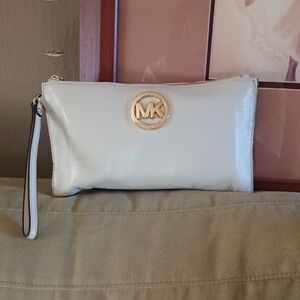 Michael Kors Cream Wristlet Clutch with Gold Logo